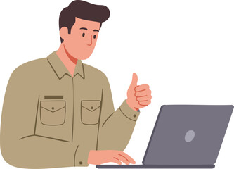 Civil servant giving thumbs up while working on laptop.