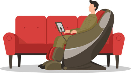 Civil servant working from home, sitting comfortably on a massage chair.
