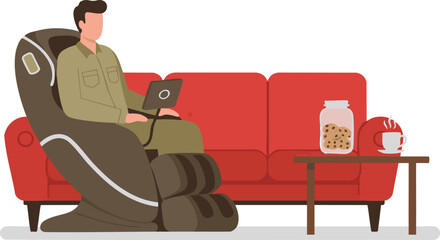Government employee relaxing with a drink on sofa and foot massager.