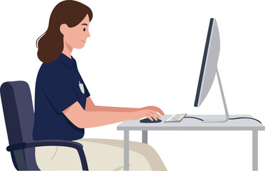 Female worker typing on computer, focused on the screen.