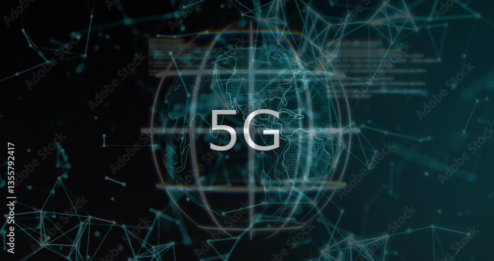 Poster 5g animation showing digital globe with network connections and data streams