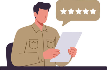 Civil servant happily holding a reviewed document with five-star rating floating above.