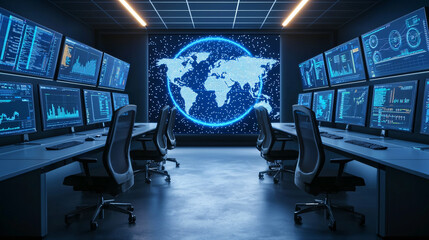 Global Network Data Center Security Operation Monitoring Room Interior View with Technology Screens