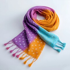 vibrant multicolored bandhani tie dye scarf with intricate patterns and tassels, showcasing traditional craftsmanship