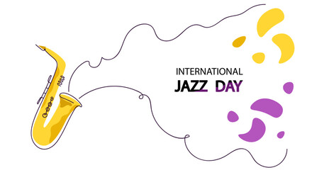 International jazz day greeting for music event. Saxophone plays melody for jazz festival, holiday banner for musical show, concert invitation flyer concept. vector line art illustration
