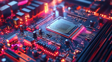 Obraz premium Close-up view of computer motherboard components including CPU, RAM, and internal circuitry