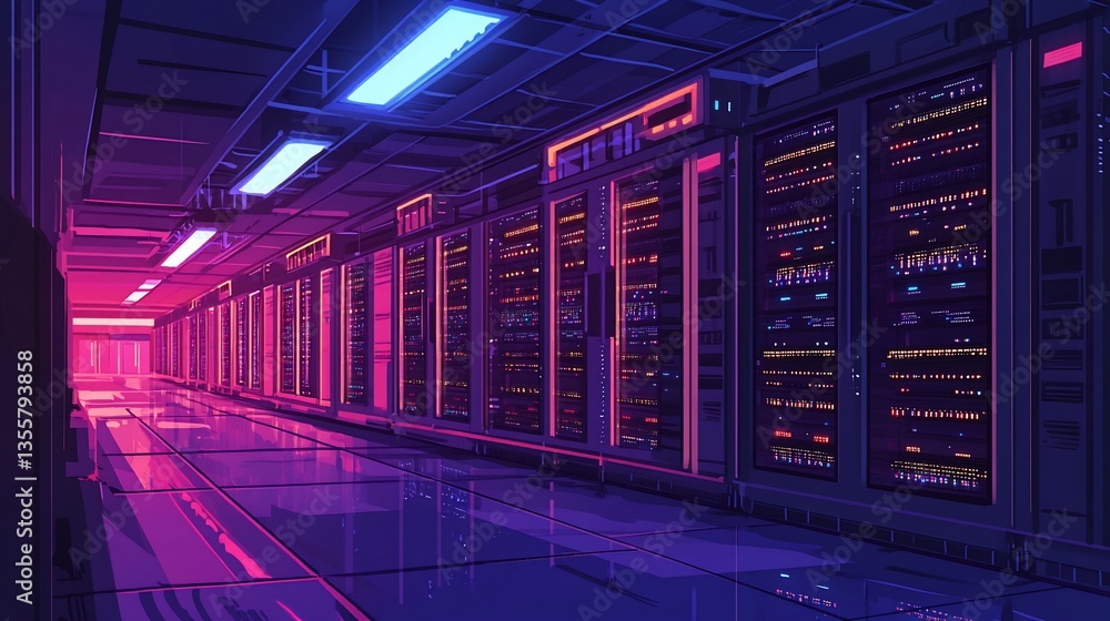Poster a futuristic server room with rows of data racks illuminated by neon lighting, creating a digital am