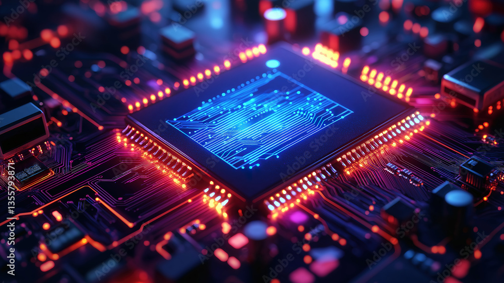 Aufkleber futuristic cyberpunk microchip with glowing blue circuits set in an abstract technology background