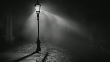 A single lamp post illuminates the foggy street during the night