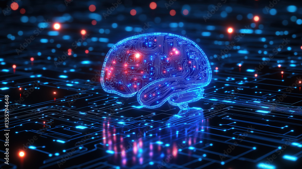 Poster neon-style glowing brain icon with blue circuit patterns for futuristic technology representation
