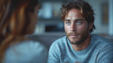 Fototapeta premium Young Man Listening Attentively to Partner, Relationship, Communication, Trust, Empathy