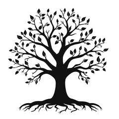 Obraz premium Black Tree Silhouette with Roots, and Leaves.