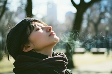 A person closes their eyes, taking a deep breath as the breeze moves around them. The quiet park feels peaceful and calm