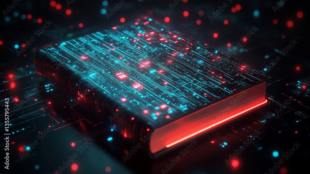 Aufkleber futuristic book with glowing circuit board design and red edges on a reflective surface