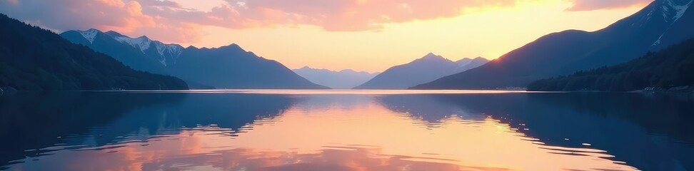 Empty mountain lake at dawn with a few ripples on the surface, reflection, empty lake