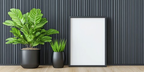Blank framed poster next to plants against a ridged wall