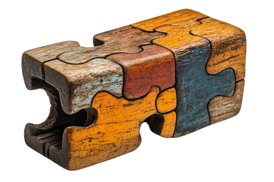 A colorful wooden puzzle piece showcasing intricate designs, isolated on a white background.