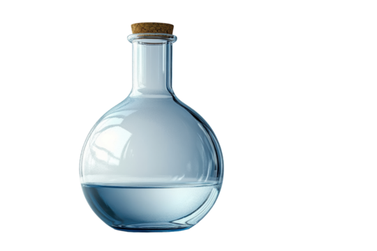 A clear glass laboratory flask with a cork stopper, containing water on a white isolate background. - Powered by Adobe