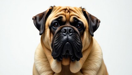 Giant mastiff head shot, intense gaze, pure white backdrop, mastiff head shot, isolated head shot, white