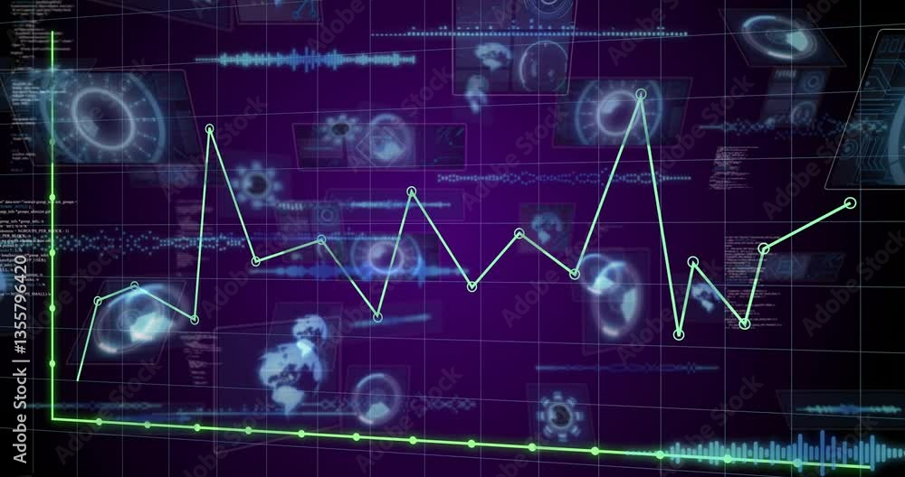 Poster animation of graph line fluctuating over digital interface with scientific data