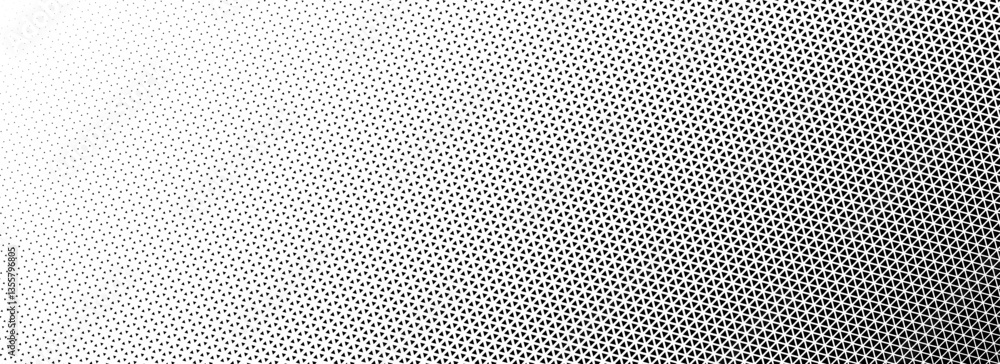 Poster Triangle halftone gradient background. Geometric triangular tech pattern texture. Black abstract fading gradation wallpaper. Vector vanishing mosaic pop art backdrop for flyer, poster, banner, booklet