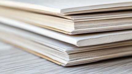 Close-up of stacked blank paper sheets on wooden surface