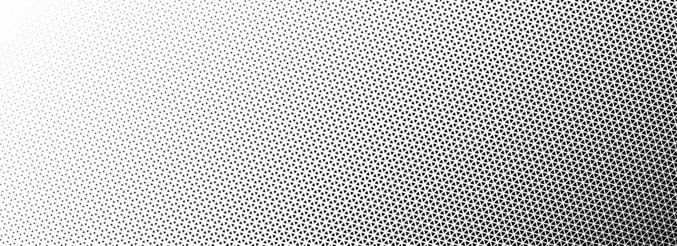 Triangle halftone gradient background. Geometric triangular tech pattern texture. Black abstract fading gradation wallpaper. Vector vanishing mosaic pop art backdrop for flyer, poster, banner, booklet