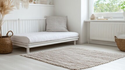 Neutral toned interior featuring a daybed and textural rug in a bright space