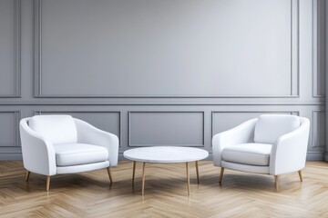 Modern empty living room with two white armchairs and a coffee table