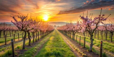 Naklejka premium Serene Sunrise Over Rows of Blossoming Fruit Trees in a Picturesque Orchard