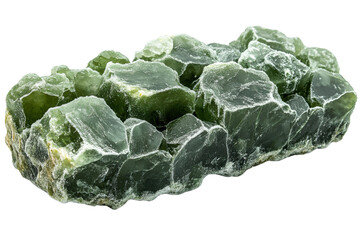 Obraz premium A piece of jade rock with rough texture and deep green hues, isolated on a white background.