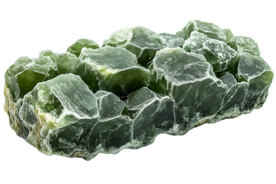 A piece of jade rock with rough texture and deep green hues, isolated on a white background.