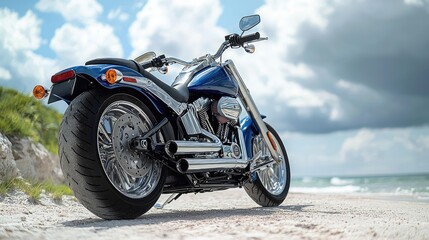 Fototapeta premium Blue Harley Davidson Cruiser on the Beach: A Perfect Summer Ride