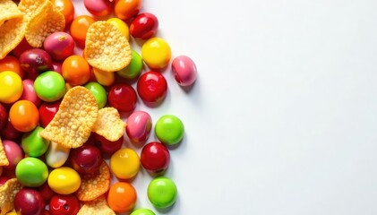 Pile of colorful candy, chips, and soda on white , sugar, isolated, top view