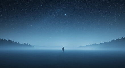 Obraz premium Silhouette standing under a starry night sky and fog