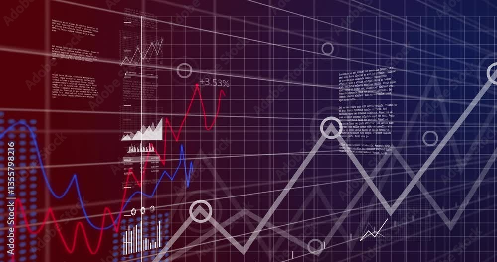 Poster graphs and charts in animation showing financial data in digital grid background