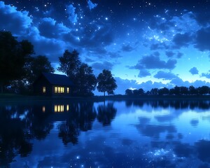 Fototapeta premium Lakeside cabin with starry night.