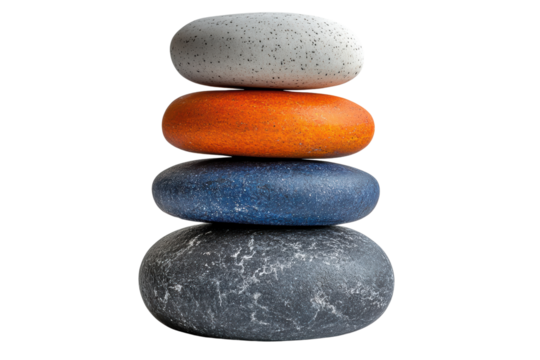 A stack of colorful stones showcasing natural textures and patterns on a white isolated background.