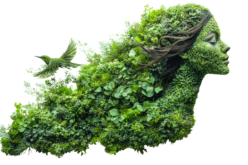 A stunning depiction of a woman, composed of lush green foliage, symbolizing nature's beauty and harmony.