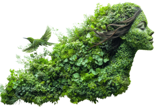 A stunning depiction of a woman, composed of lush green foliage, symbolizing nature's beauty and harmony.