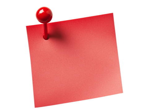 Blank red sticky note with red push pin isolated transparent background office stationery memo pad