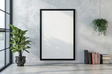 Modern framed poster in concrete room with plants and books