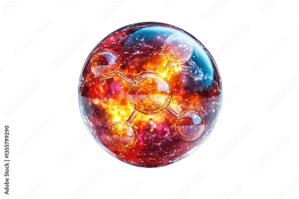 Poster a vibrant, glowing molecular structure encapsulated within a transparent sphere, showcasing energy a