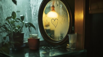 A heart drawn on a misty mirror reflects a warm light, creating a romantic and nostalgic mood.