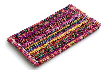 Colorful woven textile rug against white background. Possible use Design inspiration, textile design, craft, or decorative accessory