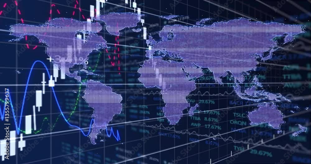 Poster overlaying financial data and stock market graphs, animation of world map displayed