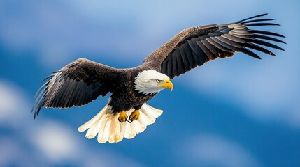 Obraz premium A majestic eagle soars through a vibrant blue sky gracefully