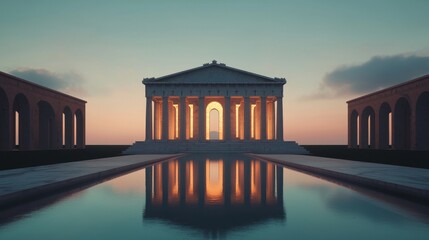 Obraz premium Serene Sunset Reflection at Classical Architecture Tranquil Waters Scenic Landscape Aesthetic Viewpoint