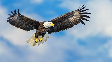 Obraz premium Majestic Bald Eagle With Expanded Wings Flying Against Blue Sky