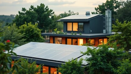 Fototapeta premium Modern Home with Solar Panels and Lush Greenery in Nature at Sunset